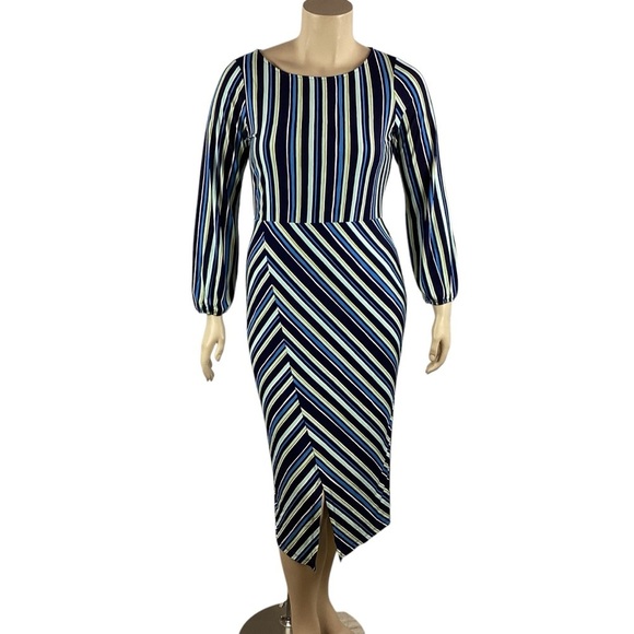 Leota Tiana Pieced Dress Stripe Groove Print Long Sleeve Midi L - Picture 1 of 6